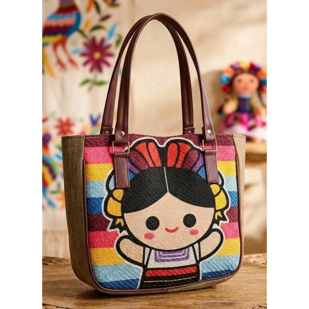Lele Mexican Doll Frida Kahlo Tote Bag Handwoven Artisanal Boho Shoulder Bag 12"